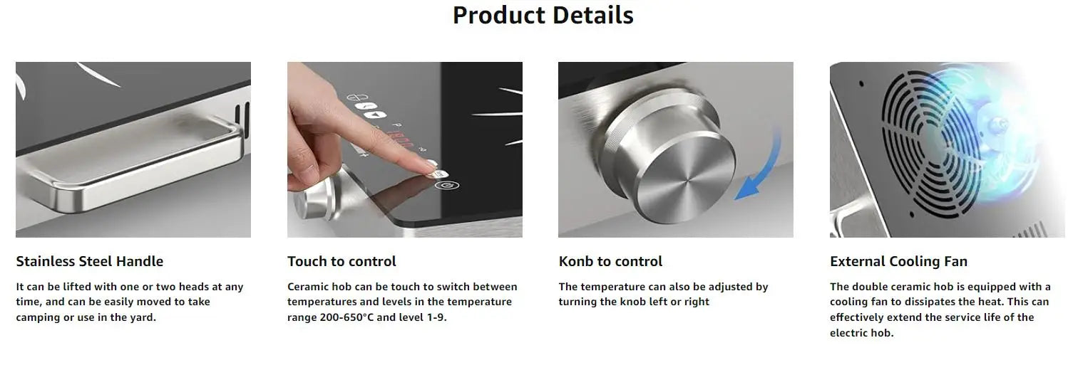 Karinear Ceramic Hob 2 Zones, 3200W Plug in Electric Hob with Safety Lock, Knobs&Touch Control, 56cm Coutertop Freestanding 240V.