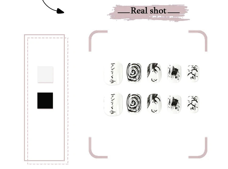 Y2K Black White Hand Drawn Comic Design Wearable Mini Short Fake Nails Full Cover Finished False Nails Press on Nails with Glue.