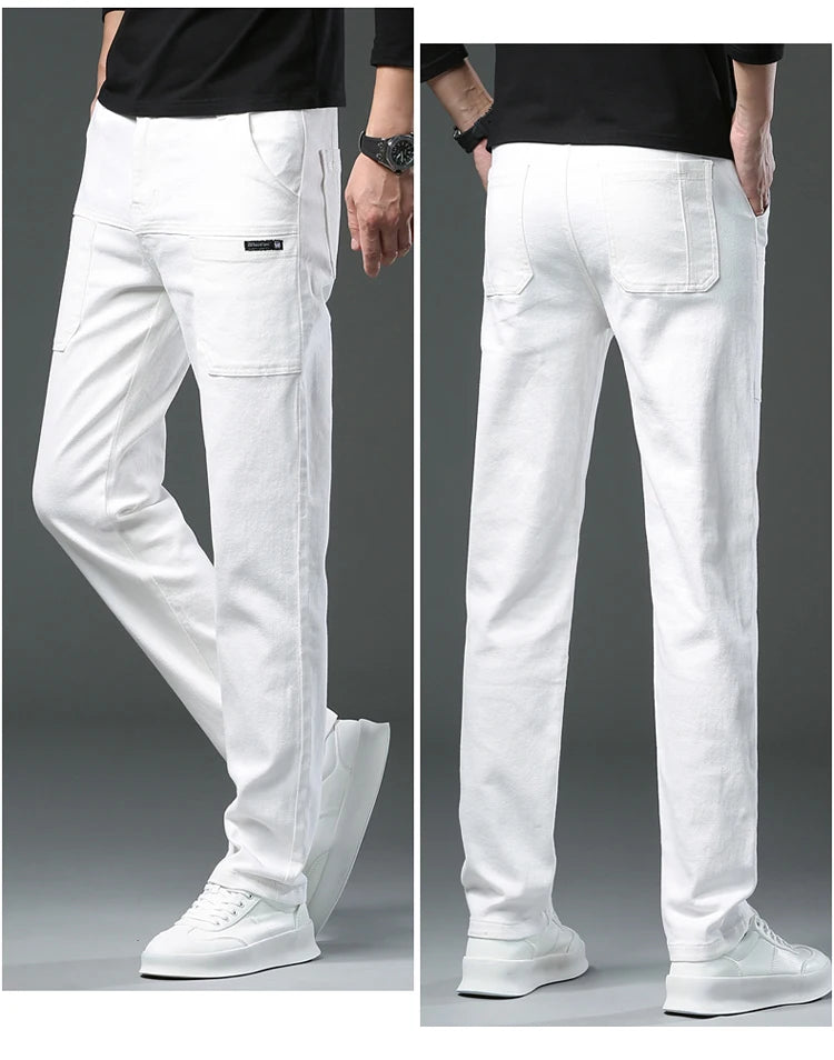 Spring and Autumn Men's Multi-Pocket Design Jeans Fashionable and Versatile White Khaki Red Comfortable Stretch Denim Pants.