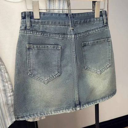 Summer New Womens Vintage Denim Skirts Korean Fashion High-Waisted Slim Mini Skirt Woman Elegant All-Match A- Line Bodycon Skirt.