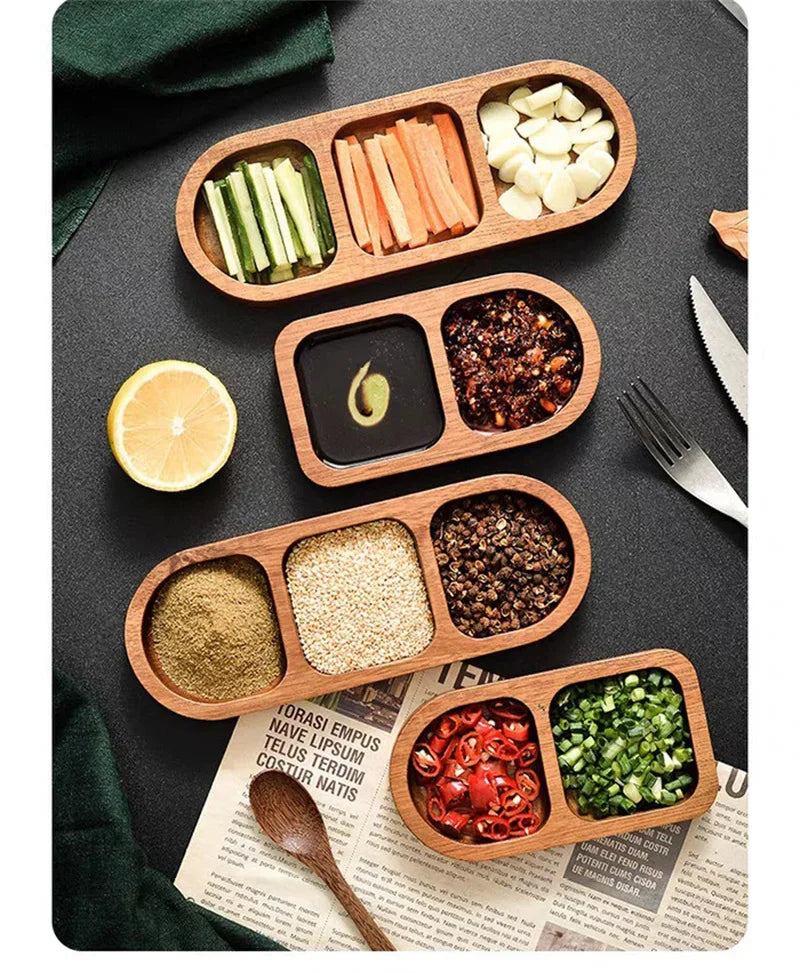 Solid Wood Rectangle Tray 2/3 Grid Condiment Plate Breakfast Sushi Bread Dessert Sauce Plate Kitchen Dinner Seasoning Dish.