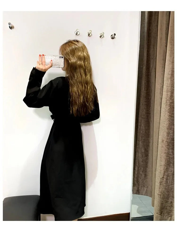 Hebenopis Damen Langes Kleid 2025, Frühling und Herbst, neues, tailliertes, schlankmachendes, elegantes schwarzes Kleid, Kleidung, schmale Passform für Damen.