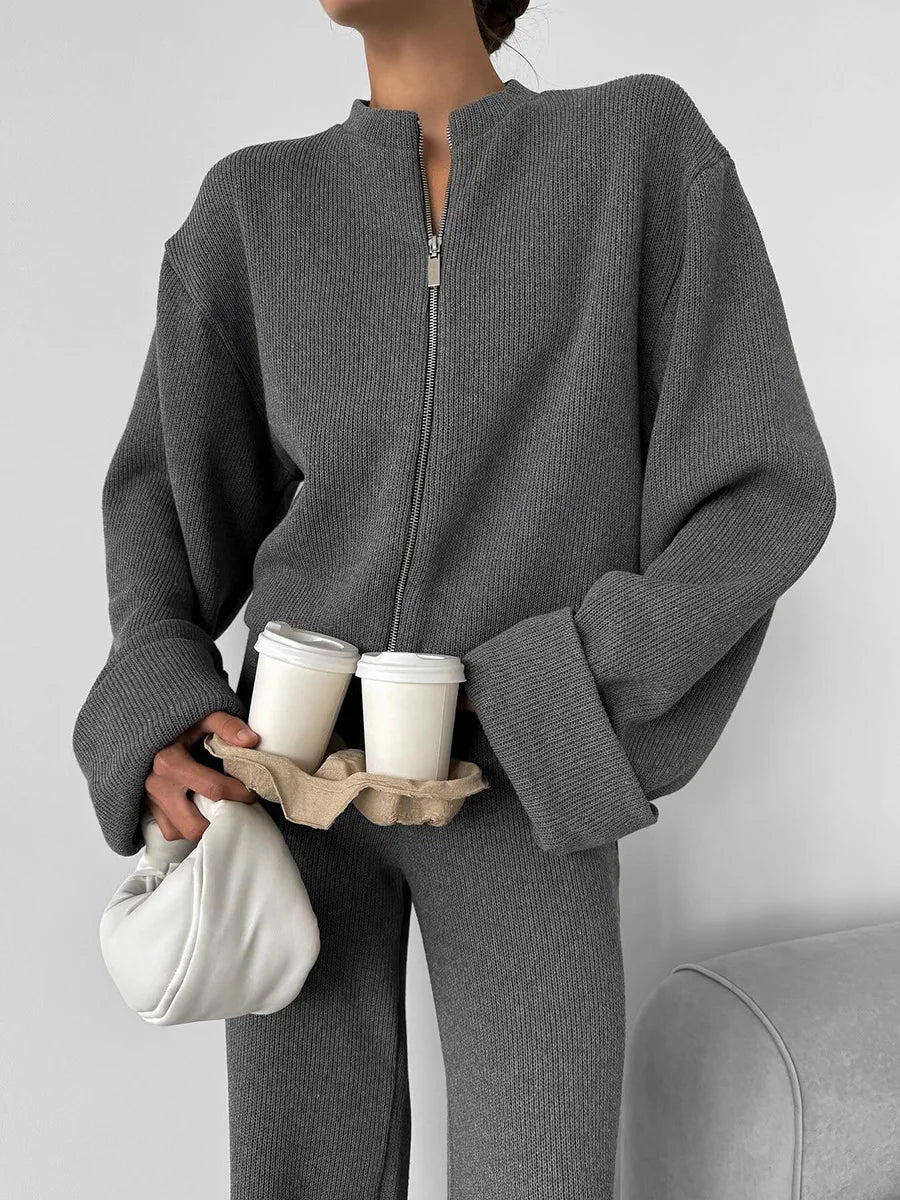 Knit Women 2 Piece Outfit Round Neck Zipper Loose Cuffs Cropped Coat For Lady Sporty Elatic Waist Autumn Female Wide Leg Pants.