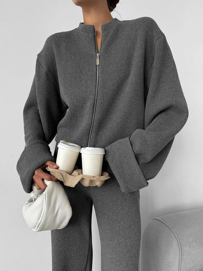 Knit Women 2 Piece Outfit Round Neck Zipper Loose Cuffs Cropped Coat For Lady Sporty Elatic Waist Autumn Female Wide Leg Pants.