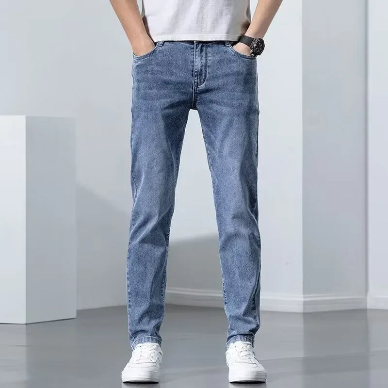 Hong Kong Summer Thin Men's Blue Jeans Slims Smooths Your Silhouette Feet Stretchy Korean Style Light Color Versatile Pants.