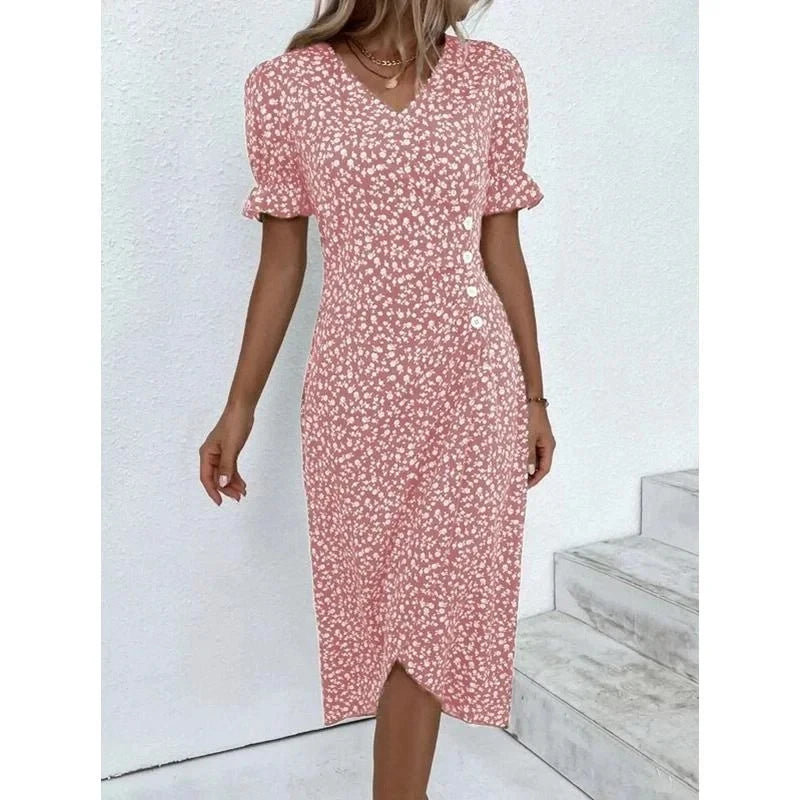 Frühling Floral Bodycon Midi Kleid Für Frauen V-ausschnitt Langarm Rüschen Slim Fit Kleider Weibliche Sexy Vestido Robe.