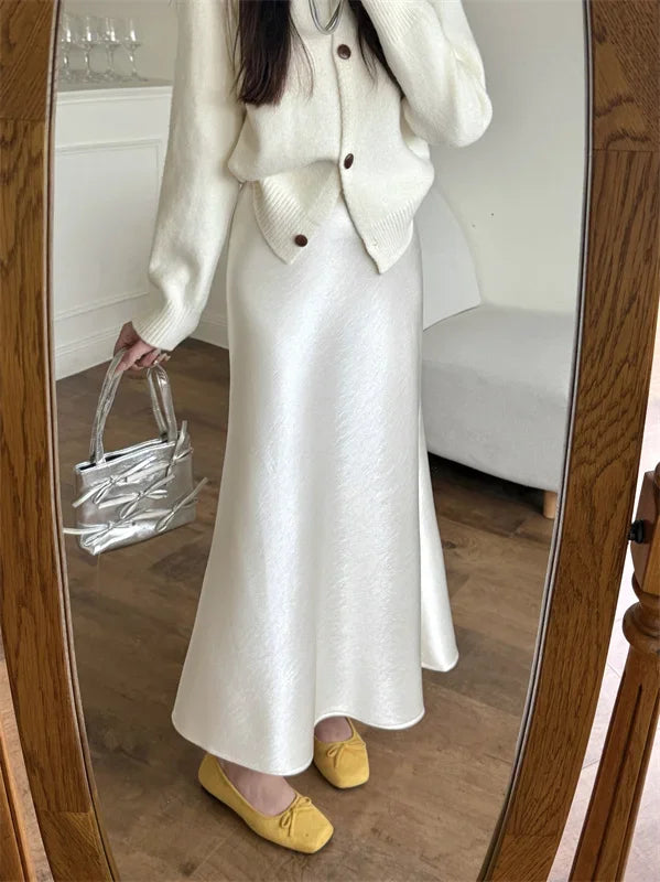 High Waist Women's Fleece-Lined Thickened Elegant Long Skirt Satin Mermaid Skirt Elegant Drapey Bodycon Skirt For Autumn Winter