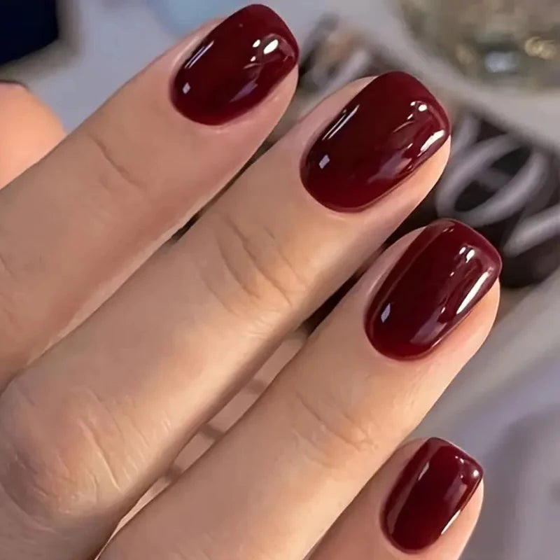 ARTAUG 24PCS Press On Nails Short Almond Wine Red High Saturation Fake Press On Nails  Korean Press On Nails Valentine'S Day