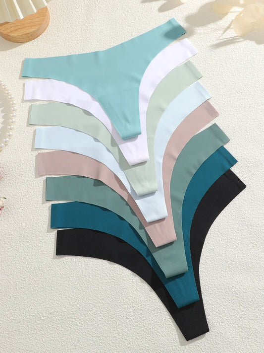5Pcs Ice Silk Seamless Thongs Women's V-Waist Solid Color Panties Sexy Breathable Low Rise Underwear Invisible Bikini Lingerie.