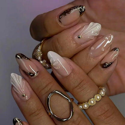 24Pcs Dark Press on Fake Nails with Black Glitter 3D Metallic Designs Sweet Cool Almond False Nails Detachable Nails Spice Girls.