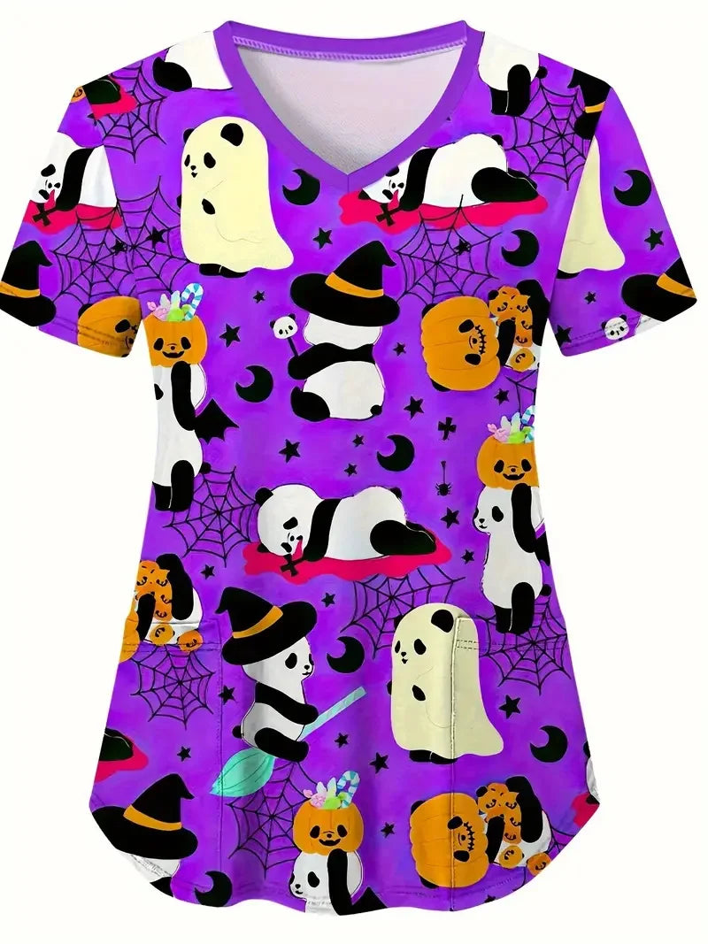 Halloween Surgical Uniforms Woman Cartoon Print Fashions Nurse Casual V-Neck Short Sleeve Patch Contest Clinical Uniform Woman.