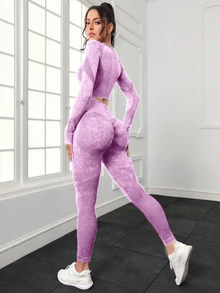 2 Piece Acid Wash Gym Set Women Seamless Long Sleeve Leggings Tracksuit Sports Fitness Suit Scrunch Workout Clothes Yoga Outfits