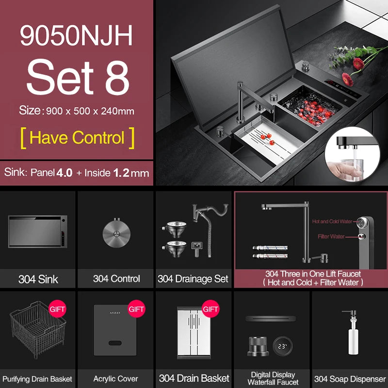 ASRAS Hidden Double Sinks Smart Purifying Kitchen Island Sinks Flip Cover Hidden 4mm Thickness Handmade kitchen Sinks