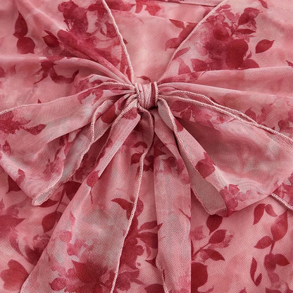 Summer Women's Y2k Floral Printed Sweet V-Neck T-shirts Mesh Beach Party Dress Top Flare Sleeve Square Collar Lace Up Shirt 2025.