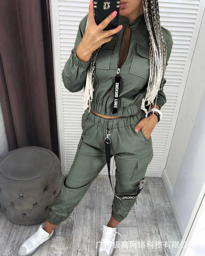 New Women Fashion Casual Autumn Winter 2pcs Clothes Set Pockets Zipper Long Sleeve Top Elastic Waist Pants Cargo Solid Color.