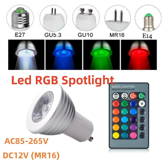 AC85-265V 12V MR16 E27 E14 GU10 GU5.3 RGB Spotlight 3W Dimmable E27 Led Bulbs with 24keys Remote Light Tubes for Home Decoration.