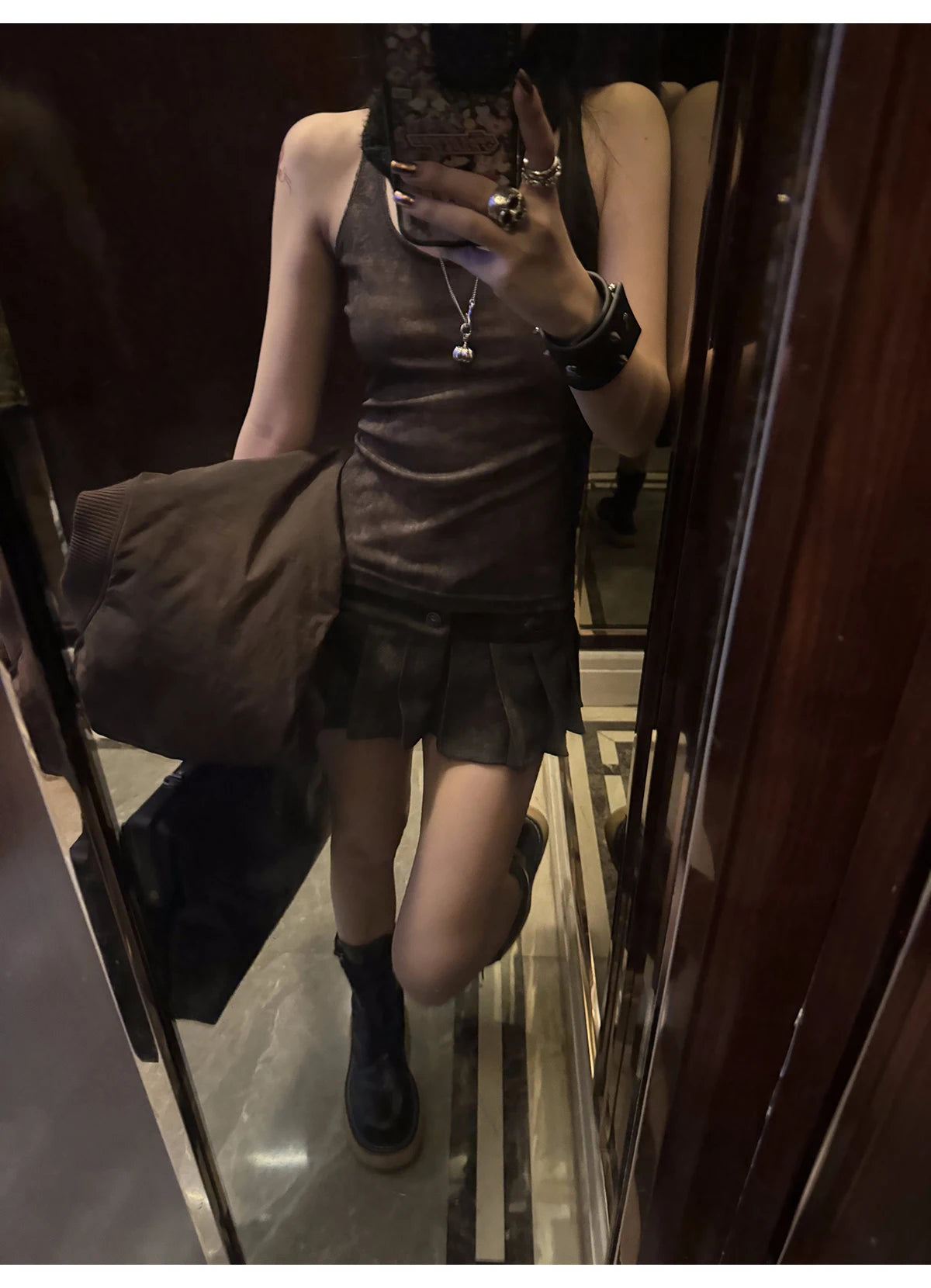 Lautaro Spring Summer Cool Washed Distressed Soft Pu Leather Mini Pleated Skirt Women High Waist Belt Luxury Designer Clothes.