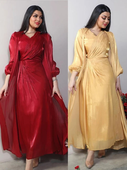 Morocco Party Dress Women Abaya 2 Piece Set Silky Satin Dubai Muslim Dresses Eid Caftan Evening Long Robe Vestidos Abayas Robe.