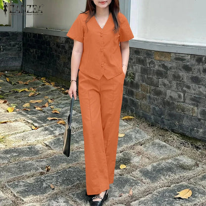 ZANZEA Fashion 2 Piece Sets Woman Elegant V-Neck Short Sleeve Shirts Wide Leg Pants 2pcs Suits Office Lady Commuting Pant Sets.