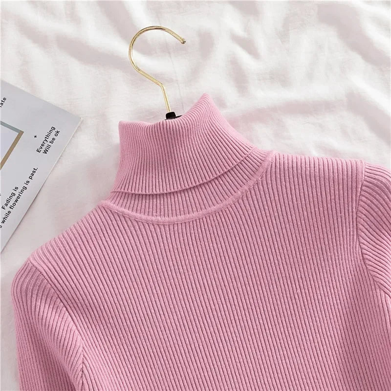 Frauen einfarbig lange Ärmel Roll kragen pullover Strick pullover grundlegende weiche Pullover einfache elegante Mode neu