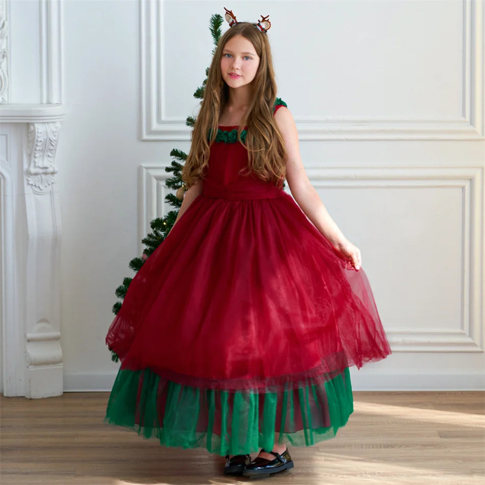 Mädchen Rot Grün Weihnachten Ballkleid Kinder Hochzeit Ball Party Abendkleid Prinzessin Vestido Kinder Karneval Leistung Kleidung.