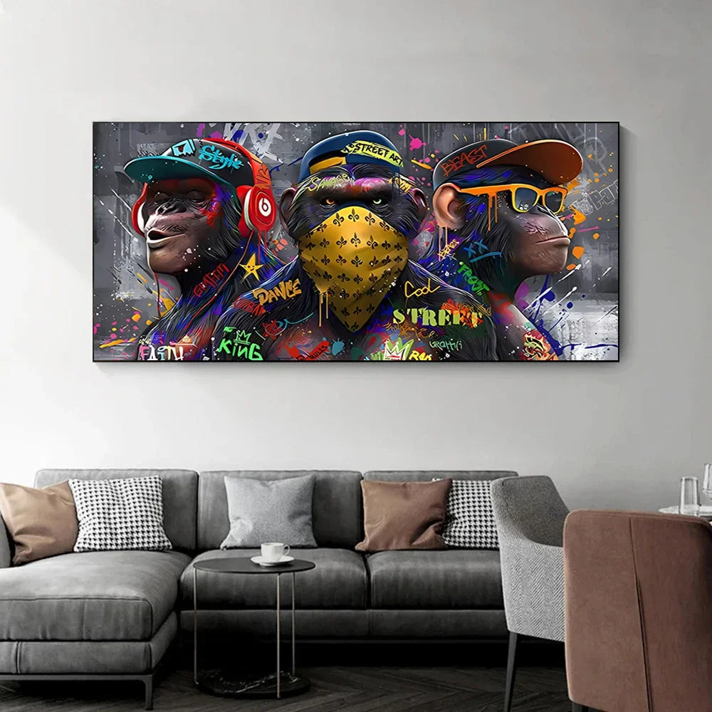 Graffiti Three monkey Wall Art Poster Animal Pop Mural Modern Home Decor Canvas Painting Picture Prints Living Room Decoration.