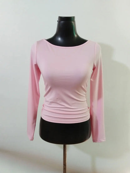 Summer Spring Slim-fitting Women's Clothing New One-neck Long-sleeved T-shirt Blouse Top Skinny Solid Color Tee.