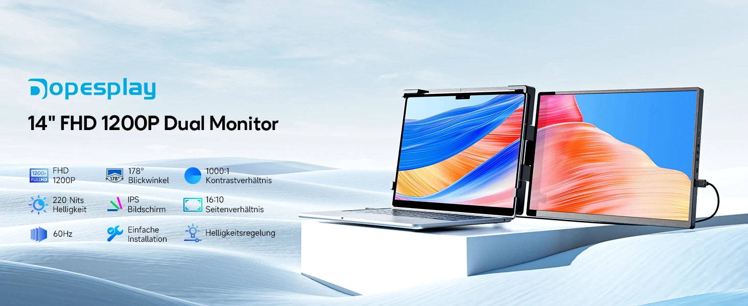 Dopesplay 14.1 inch Portable Monitors 1200P HDR External Screen Extender for Laptop XBox PS4 5 Second Display up to 17.3 Laptops.