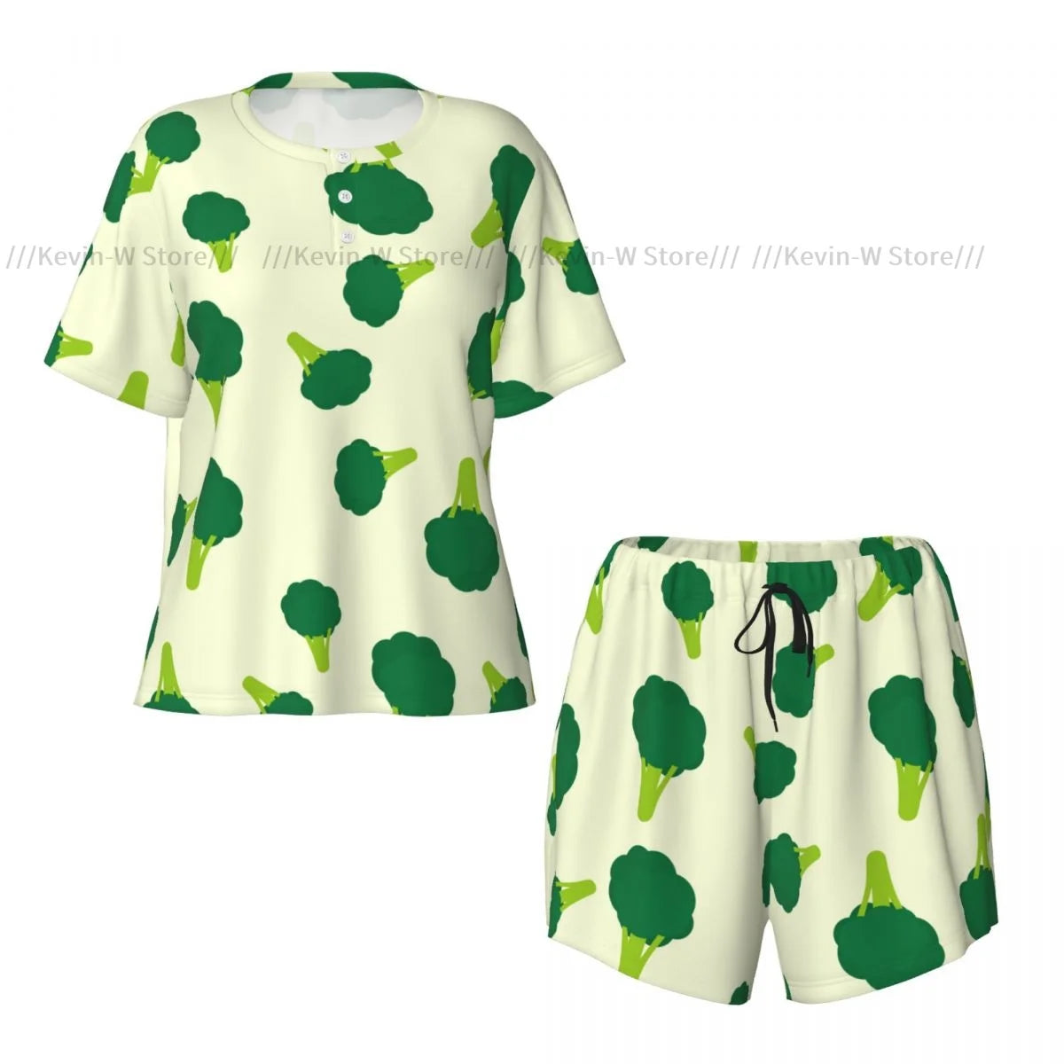 Damen-Pyjama-Set, kurzärmelig, Brokkoli-Hintergrund, Nachtwäsche, Loungewear für Sommer-Nachtwäsche.