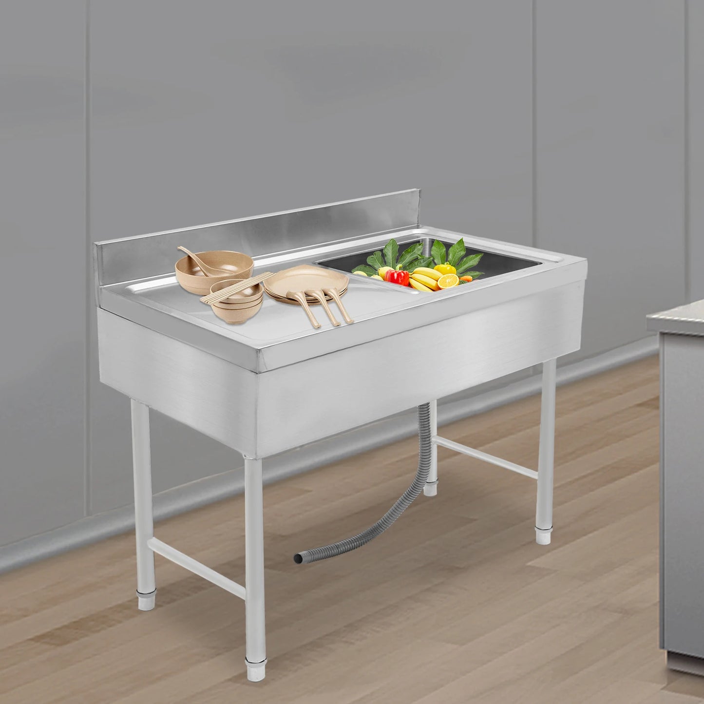 Silbernes freistehendes Edelstahlspülbecken – 39 x 20 x 31 Zoll, kommerzielle Qualität, 330 Pfund Kapazität, für den Innen- und Außenbereich