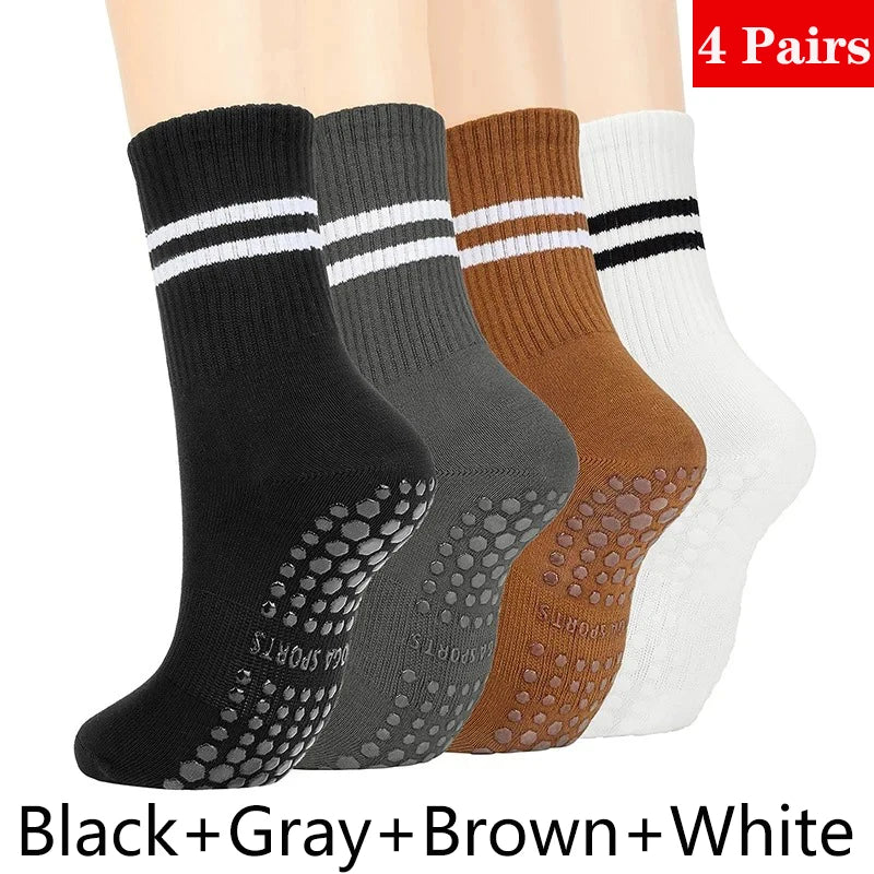 4 Pairs Yoga Socks for Women Professional Non-slip Silicone Mid-tube Pilates Socks Indoor Fitness Gym Dance Sports Floor Socks