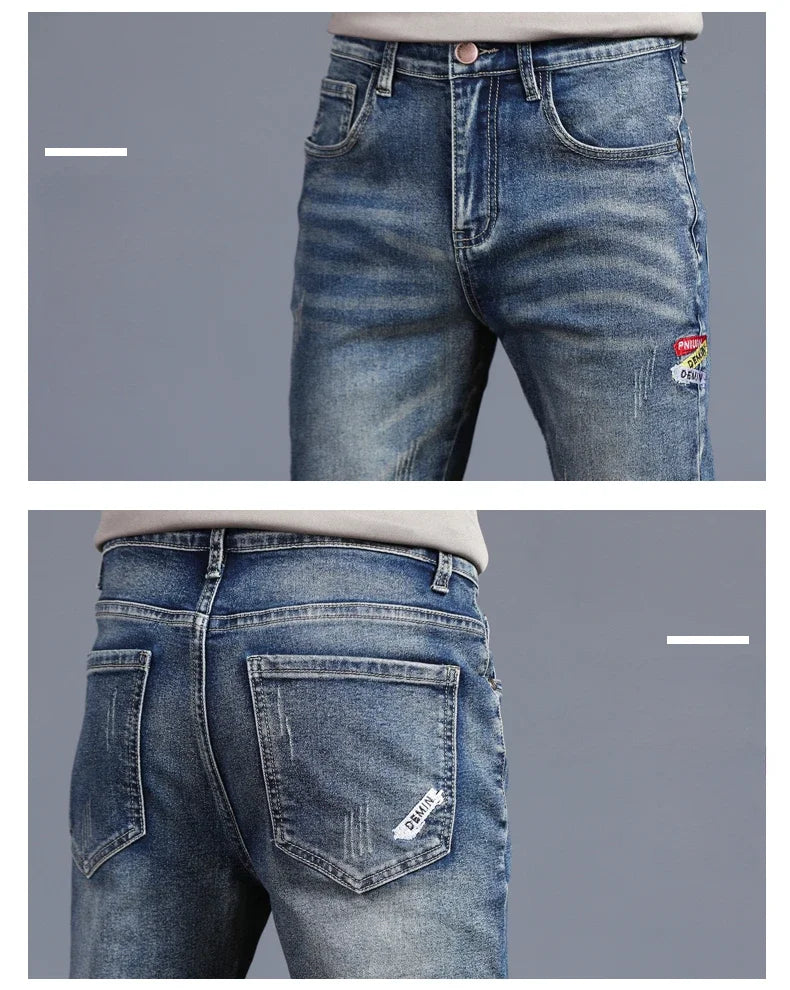 New Men's Vintage Jeans Korean Fashion Slim Little Feet Embroidered Trousers Stretch Male Streetwear Denim Pants.