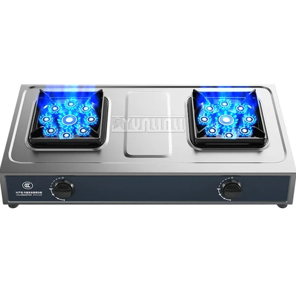 Desktop Stainless Steel Double Stove Household Bench Top Strong Fire Liquefied Natural Gas Stove.