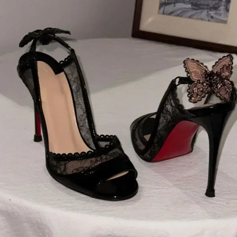 2025 Women's New in Black Lace Butterfly Sexy Pumps Stilettos Peep Toe High Heels Leather Luxury Designer Party Chic Shoes.