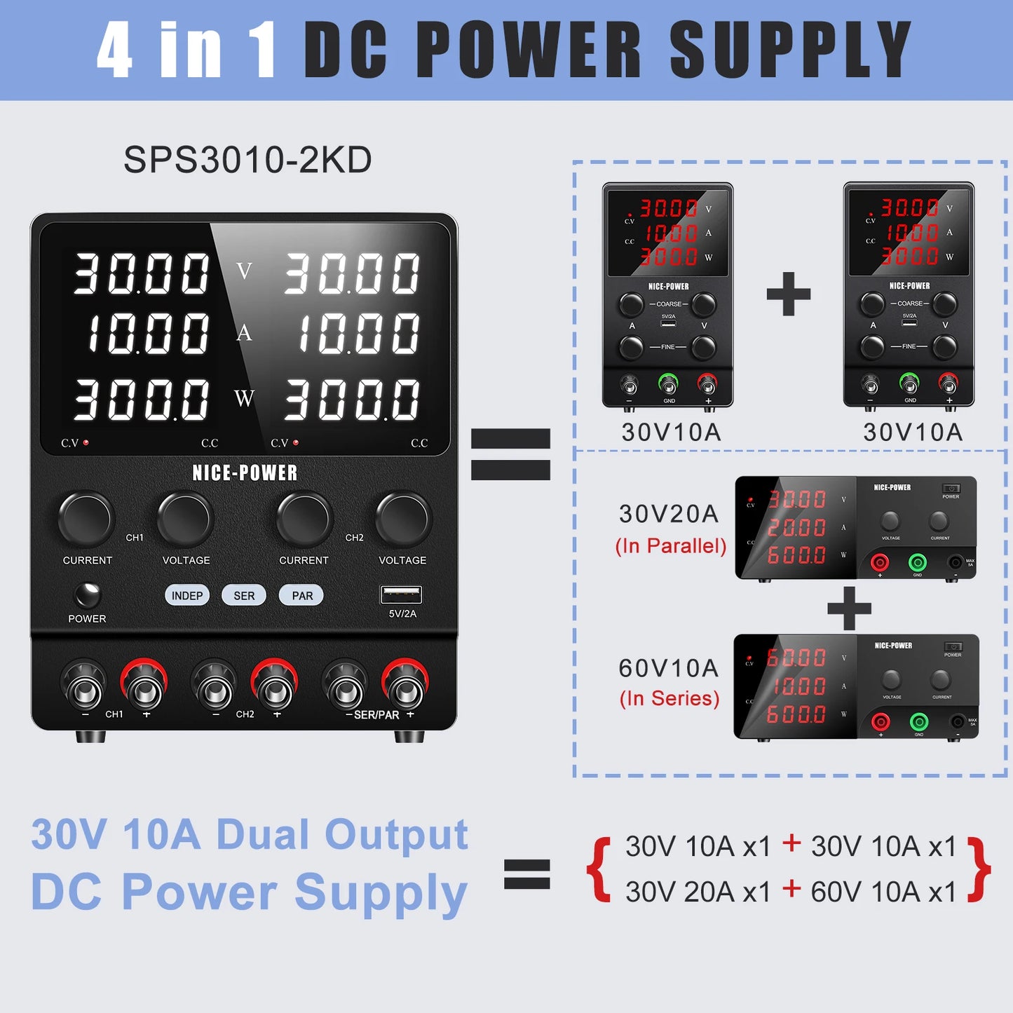 4 in 1 Lab Dual Power Supply 3 Model PAR/SER/INDEP Adjustable Power Source 30V 10A 60V 5A Voltage Stabilizer Switching USB 5V 2A.