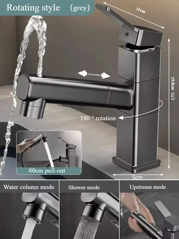 Pull Out Bathroom Faucet Hot and Cold Water Mixer Basin Sink Three Mode Water Outlet Faucet Washbasin Tap
