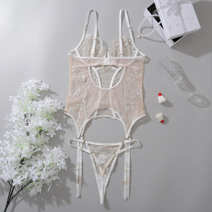 Sensual Lingerie Floral Lace Transparent Erotic Costume Bride Fantasy Sexy Crotchless Invisible Thongs Naked Sex Suit.