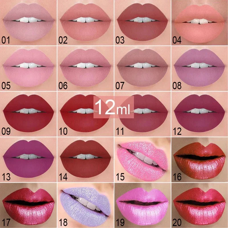 20 Colors Lipstick Waterproof Long Lasting Matte+Shimmer Mental Beauty Lip Gloss Nude Glitter Lip Gloss Beauty Sexy Lip Tint.