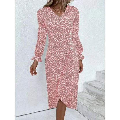 Elegante Blumen Plissee H-förmigen Midi Kleid Weibliche V-ausschnitt Puff Sleeve Taille Geraffte Taste Kleider Frauen Sommer Kleid Robe.