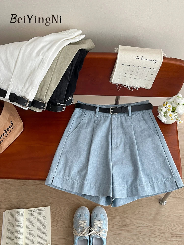 Beiyingni Korean Women High Waist Shorts With Belt Elegant Cotton Linen Casual Slim Female Shorts White Street Short Cargo Pants.