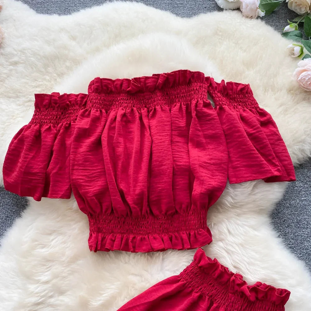 2024 Summer Green/Black/Red Two Piece Set Women Sexy Slash Neck Short Tops + High Waist Wide Leg Pants Female Suit New.