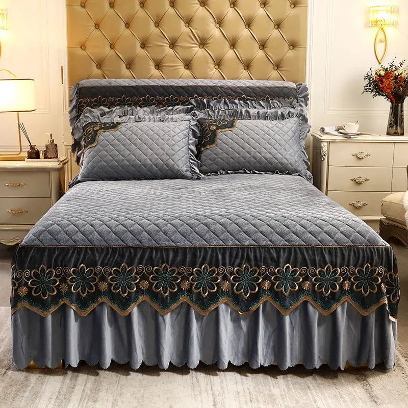 European Luxury Quilted Bed Skirt Winter Warm Thicken Velvet Bedspread King Good Hand Feeling Bed Skirt Not Included Pillowcase