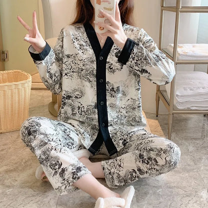 Herbst Winter Pyjamas Set für Frauen Kawaii Druck Nachtwäsche Anzug für Mädchen Mode Restlong Ärmel V-Ausschnitt Frau Pyjamas Set.