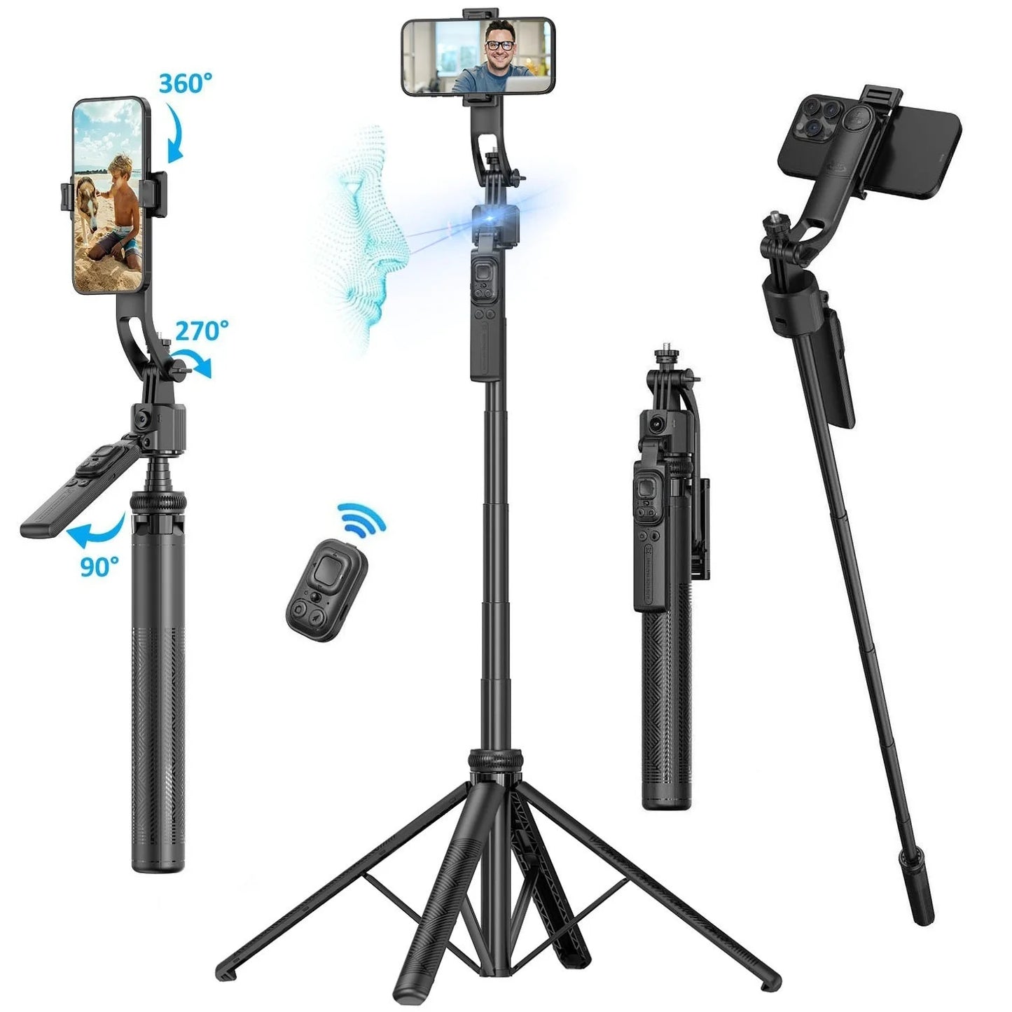 Auto Face Tracking Selfie Stick Tripod 360° Rotation for iPhone Camera 64" Extendable Auto Tracking Phone Holder Motion Tripod.