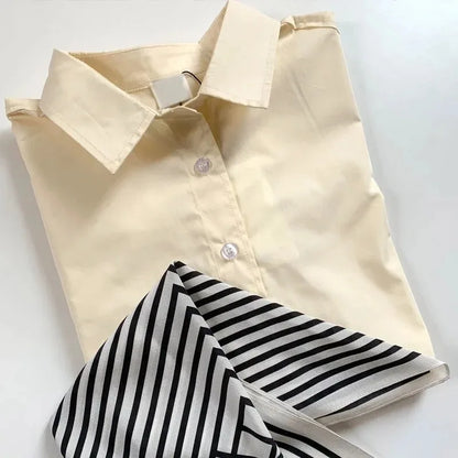 LUXURY Women's Vertical Striped Shirt, Short Front and Back, Short, Vertical Striped Shirt, Loose Long Sleeve, Commuter Style.