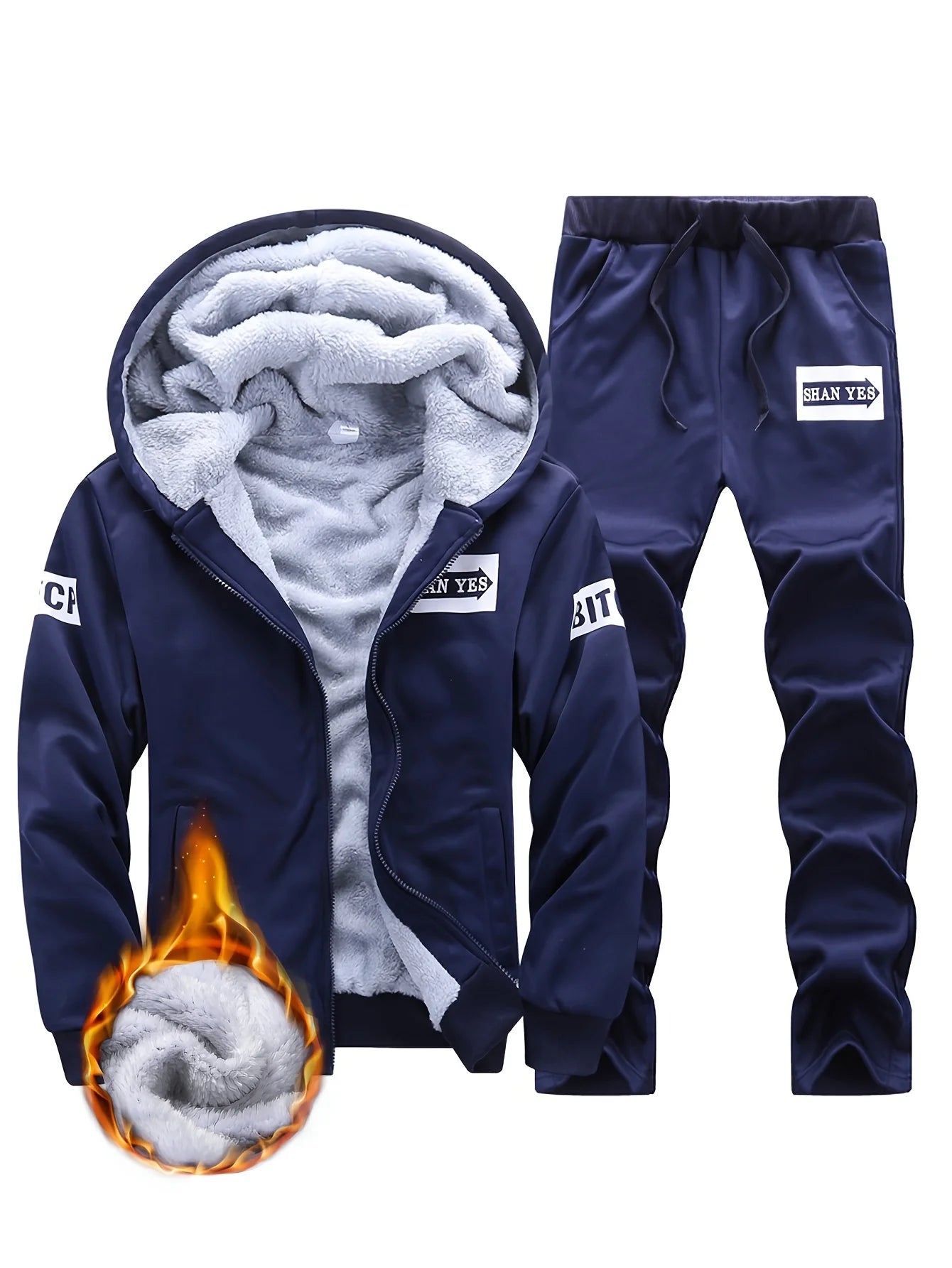 Men's winter thickened  jacket with hood for outdoor sports Suit leisure running fitness warmth two-piece set.