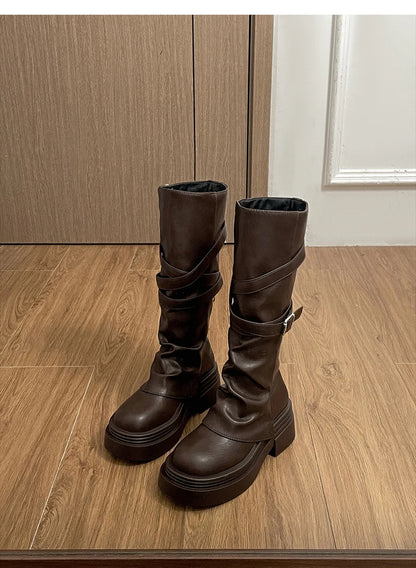 Vintage Thick Heel Women Knight Long Boots Fashion Slip On Knee High Booties Autumn Winter Shoes Zapatos De Mujer