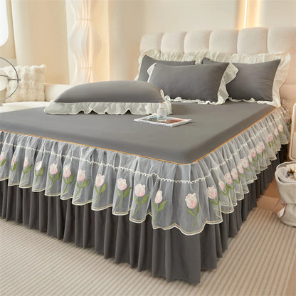 Floral Style Bed Skirt Embroidered Bed Cover Single/Queen/King Size Bed Linen Home Sheet with Skirt 침대스커트(Pillowcase Need Order).