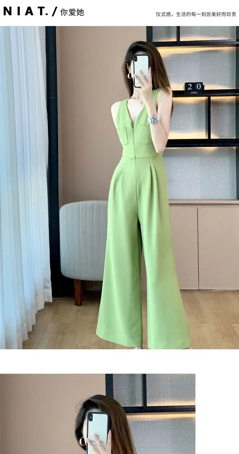 Women's Wide Leg Jumpsuit Pants 2025 Summer New Casual Straight Tube Sports Overalls V-neck Sleeveless Bodysuit For Women Romper.
