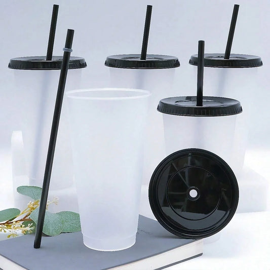 5pcs 24oz Transparent Reusable Tumblers With Black Lids and Straws Iced Coffee Water Bottle Cold Smoothie Cups For Parties Drink.